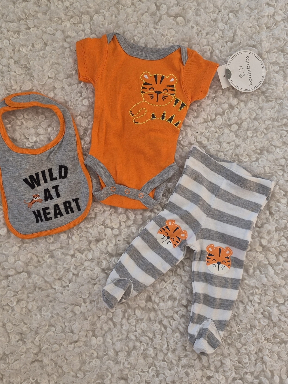 BNWT Koala Baby Newborn Tiger 3pc Set Orange Bodysuit Footed Pants Bib 0-3 Month